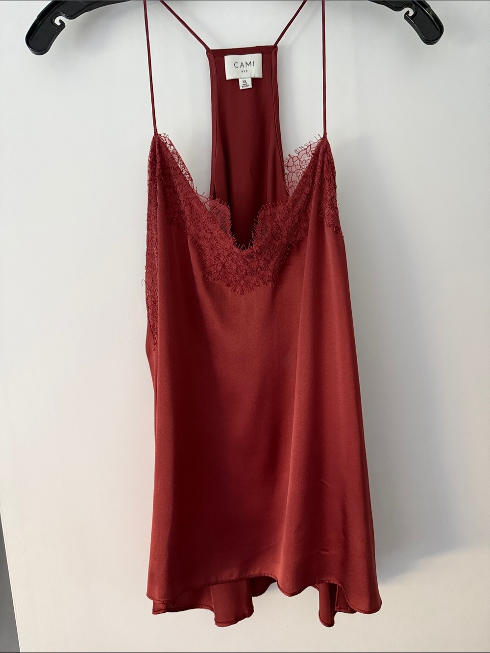 Cami NYC Silk Satin Lace-Trim camisole in Bordeaux color with thin straps